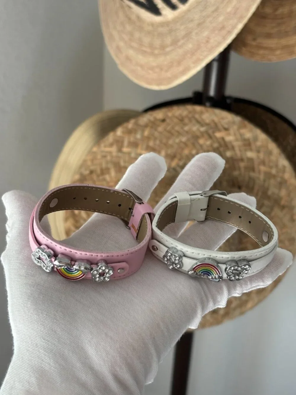 NWT Set of 2 Fun Pink & White Rainbow Rhinestone Leather Bracelets 🌈✨